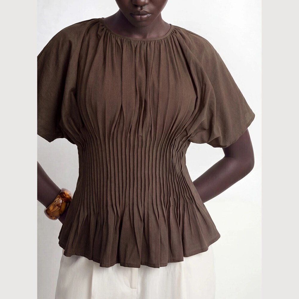 Brown Cotton Pleated Round Neck Peplum Top with Batwing Sleeves